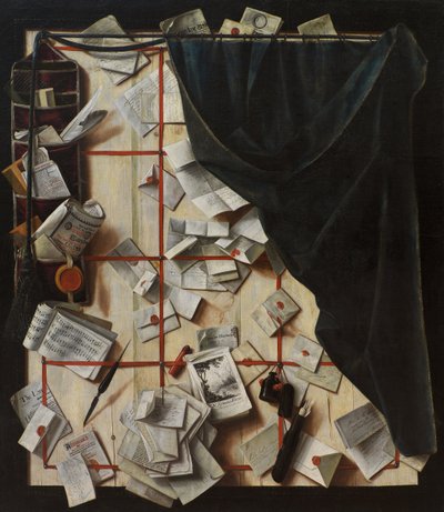 だまし絵レターラックとミュージックブックを備えたボードパーティション 作： Cornelis Norbertus Gijsbrechts